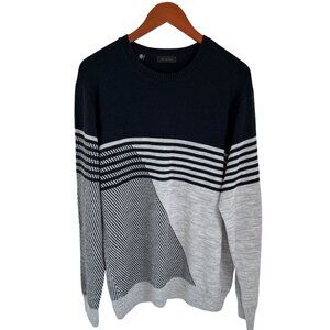 Saks Fifth Avenue Striped Wool Sweater XL Black/Grey Mens Crewneck
